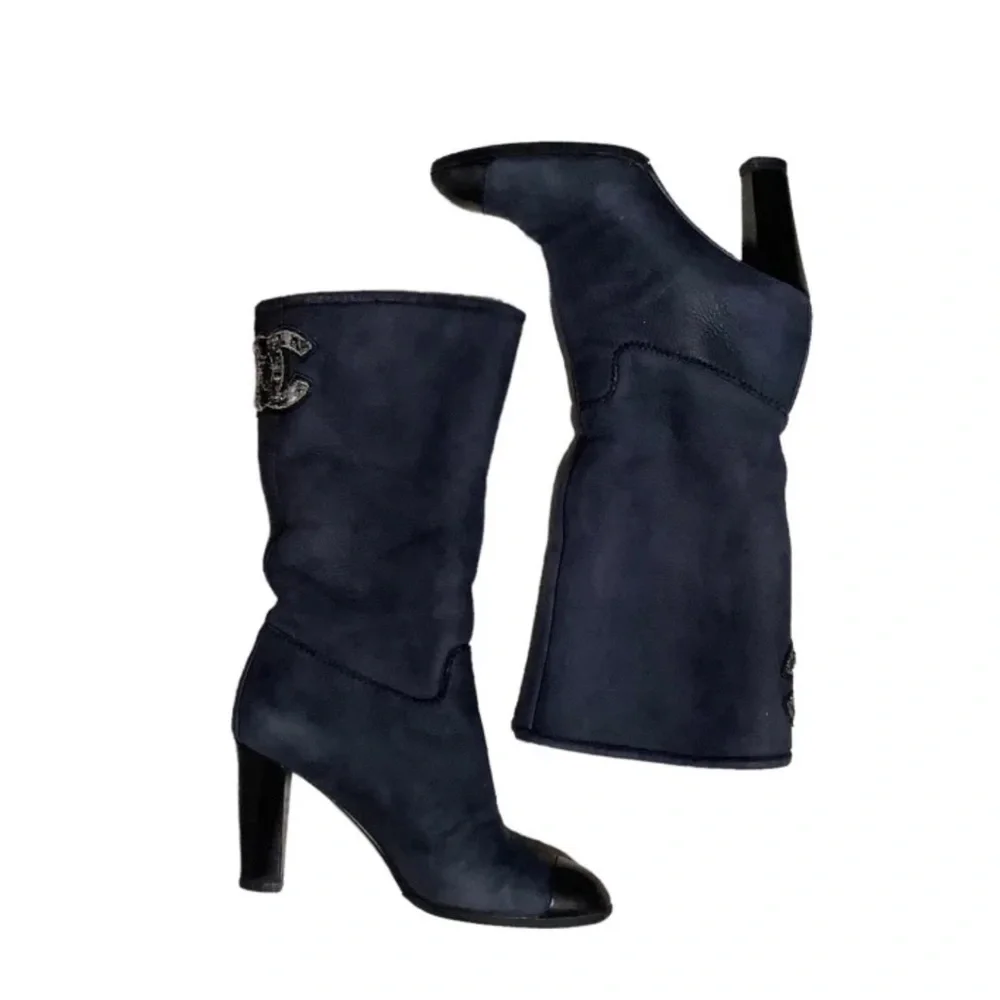 90s’ Vintage Auth. Chanel Shearling CC Logo Tweed Suede Leather Black He… - Picture 3 of 10